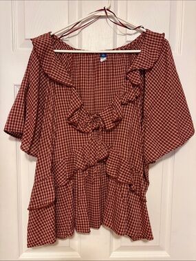 Old Navy Rust and Cream Gingham Ruffle Blouse